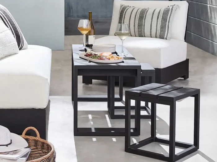 Malibu Metal Rectangular Outdoor Coffee Table with Nesting Stools (48")